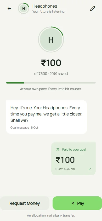 A Paycebo goal conversation displaying a contribution and savings progress