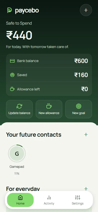 Paycebo home with savings goals and daily allowances