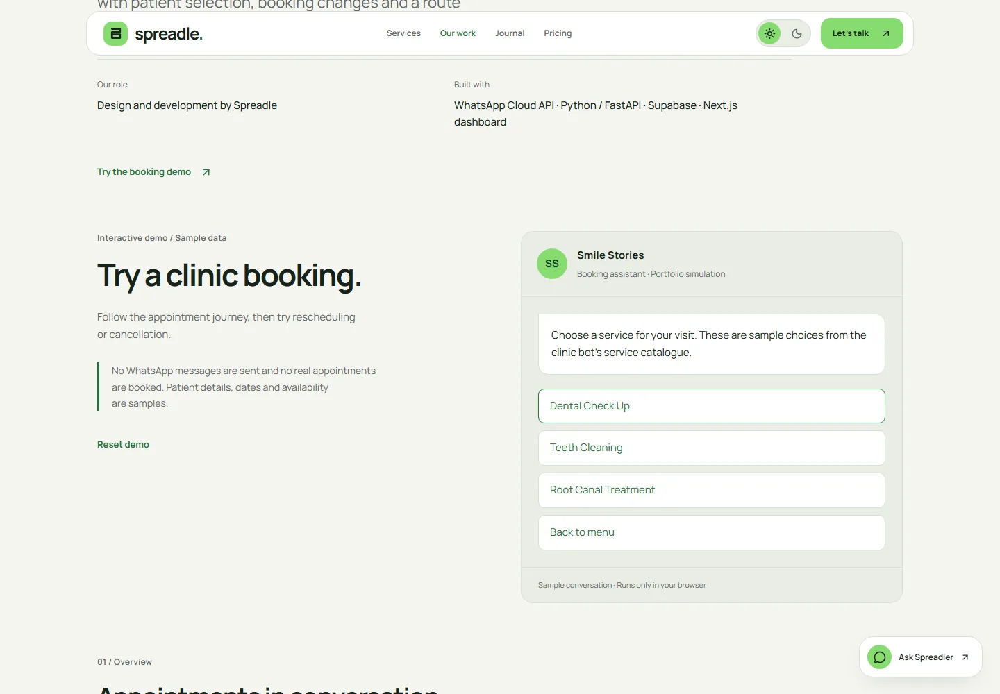 Smile Stories WhatsApp booking simulation with service choices